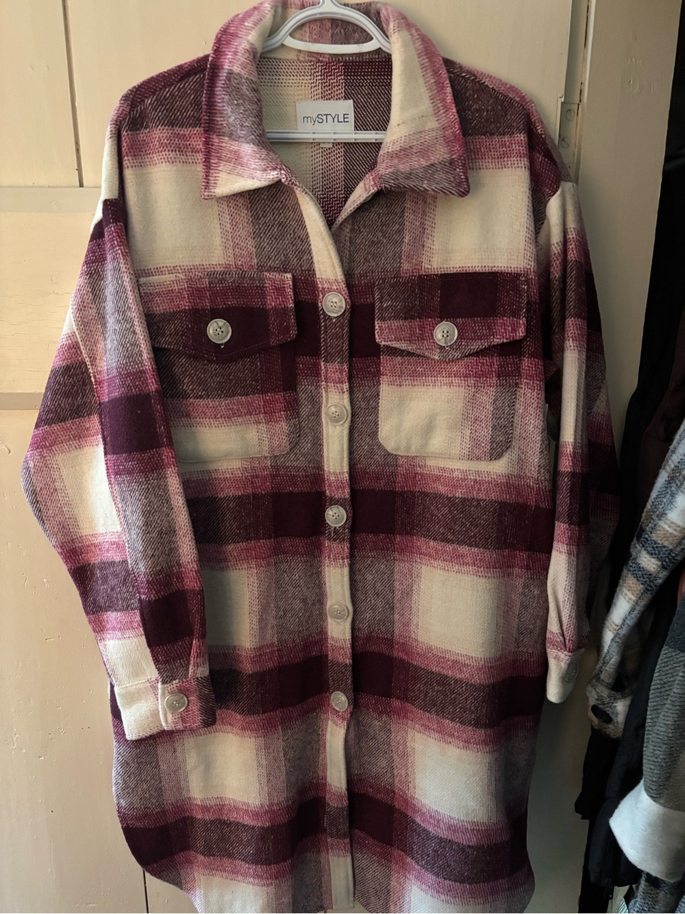 mySTYLE Women's Burgundy Plaid Utility Shacket Jacket